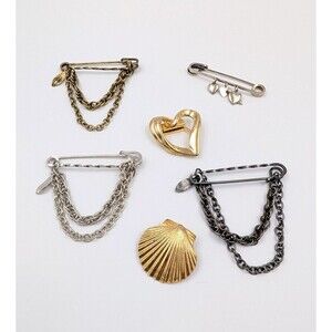 Vintage Chainmail Pin Brooch Scarf Holder Lot 6pc Heart Charm Safety Pin Estate
